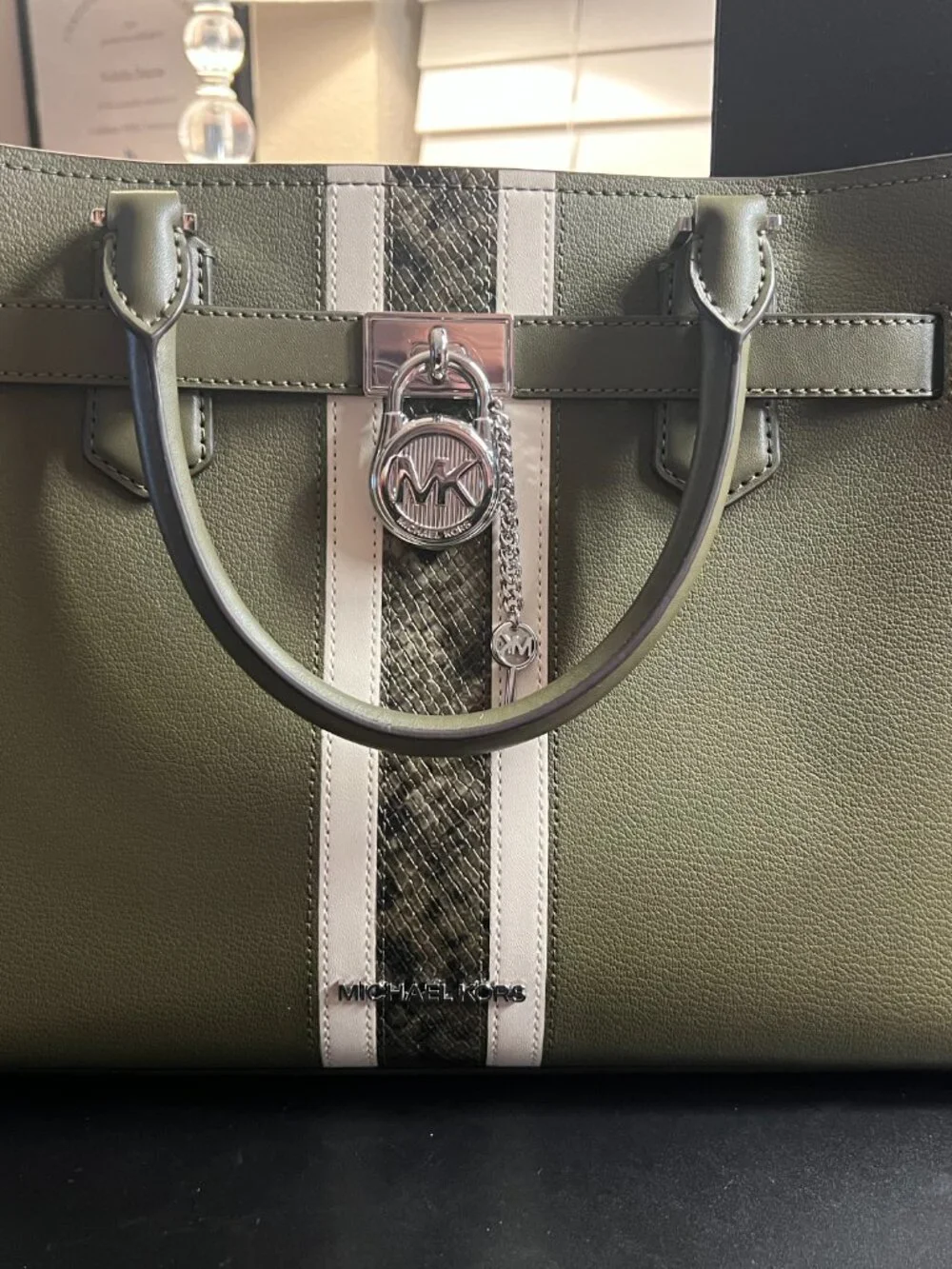 Michael Kors Olive Hamilton Medium Leather & Snake Embossed Stripe Satchel - Picture 4 of 7
